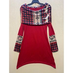 Dressfo Red Christmas Tunic Dress Womens Small Plaid Fair Isle Sharkbite Hem